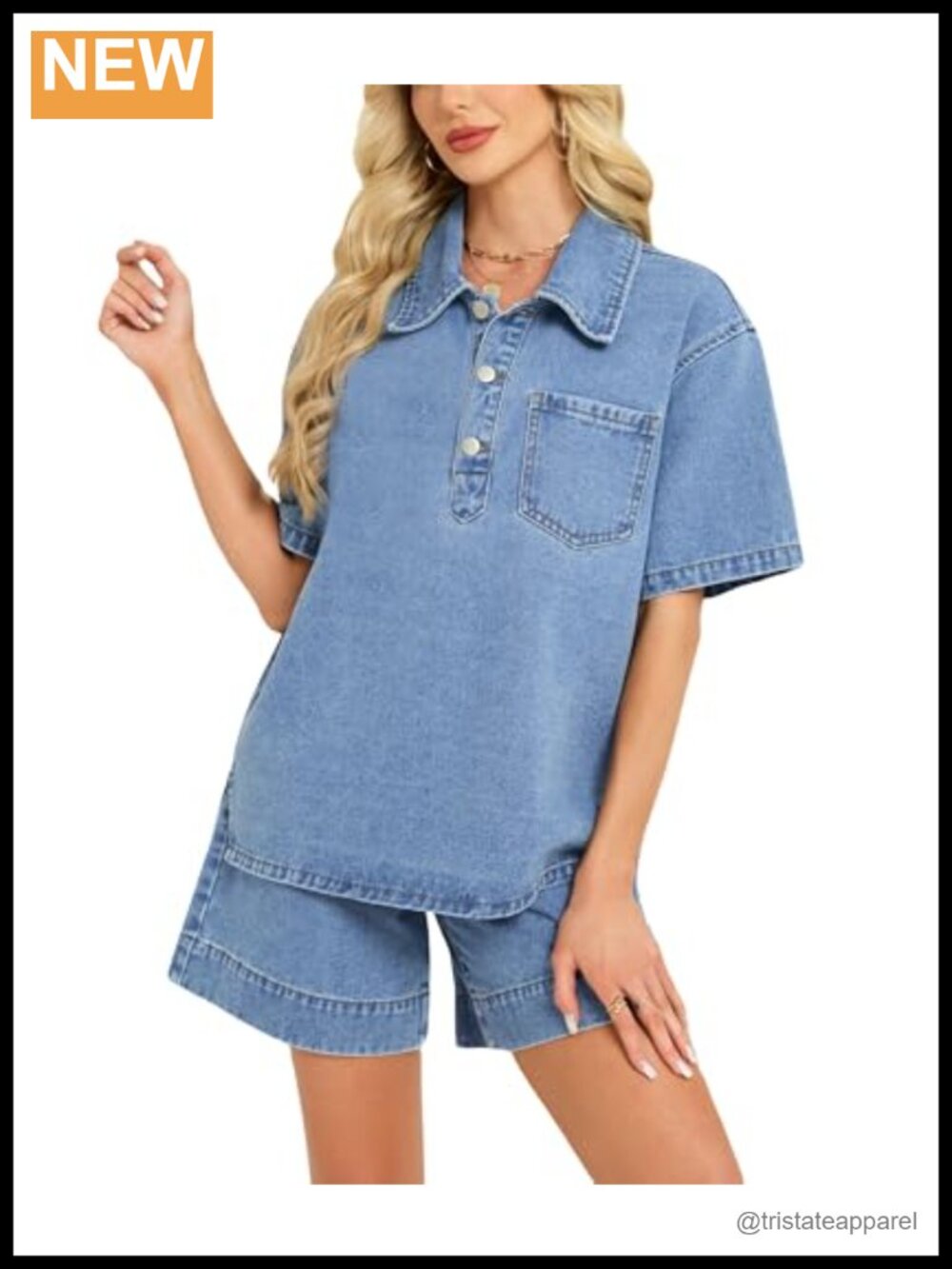 2 Piece Denim Set Women Cotton Blend Button Down Shorts Summer Casual Outfit